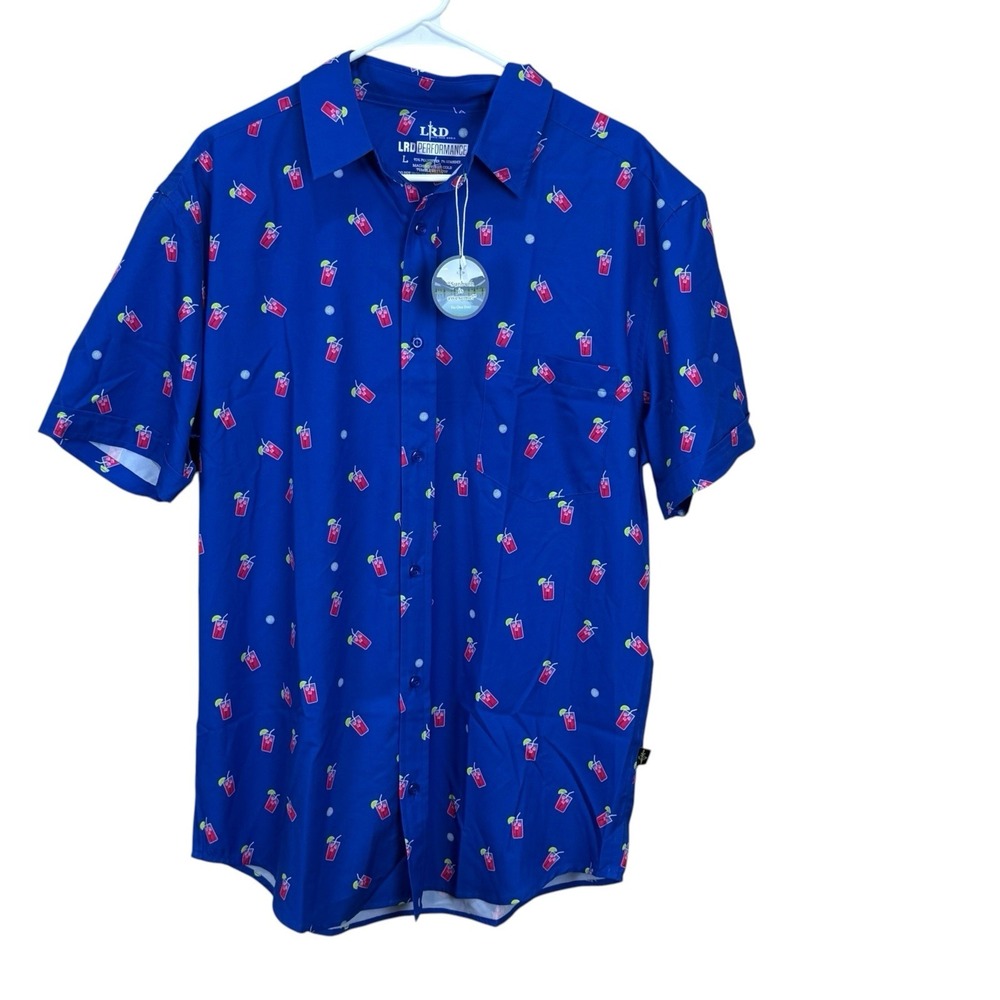 LRD Performance Men's L Button Down Golf Drinks Print Quick Dry Frat Party NWT